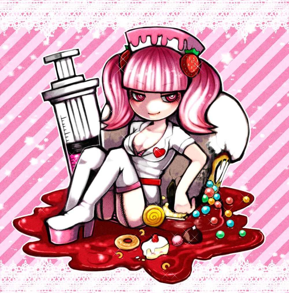 1girl, agi_(neckless), bemani, blunt_bangs, boots, border, breasts, cake