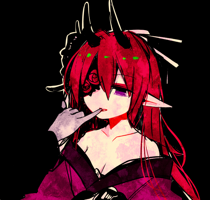 1girl, agi_(neckless), alternate_hairstyle, black_background, breasts, cleavage, closed_mouth, collarbone