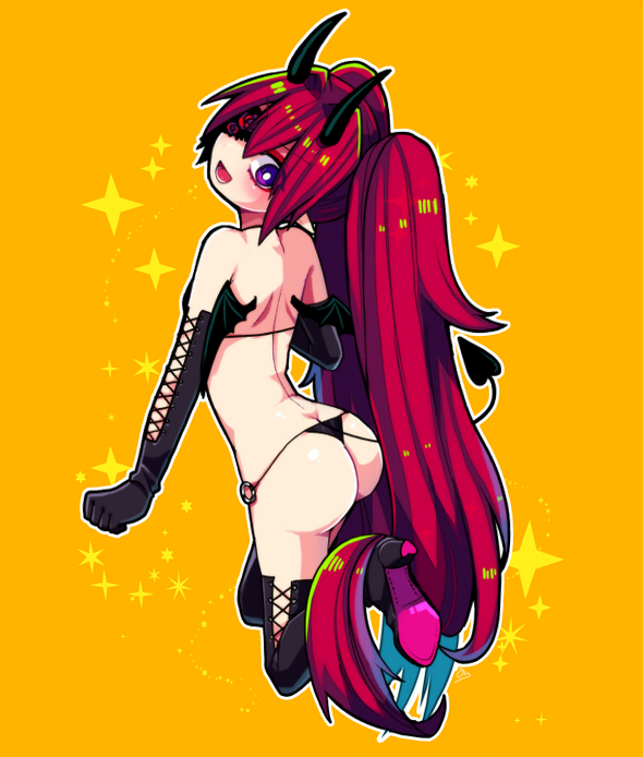 1girl, :d, agi_(neckless), ass, bikini, black_boots, black_gloves, black_ribbon, black_thighhighs, blush, boots, demon_girl, demon_tail, demon_wings, elbow_gloves, eyepatch, female_focus, flower, from_behind, gloves, hair_between_eyes, hair_ribbon, head_tilt, high_heels, horns, leg_up, long_hair, looking_back, micro_bikini, o-ring, o-ring_bottom, open_mouth, original, outline, phantasy_star, phantasy_star_online_2, pointy_ears, purple_eyes, red_flower, red_hair, red_rose, ribbon, rose, smile, solo, sparkle, swimsuit, tail, thigh_boots, thighhighs, twintails, very_long_hair, white_background, wings, yellow_background