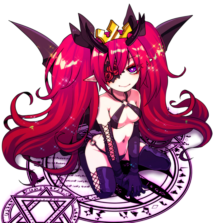 1girl, :>, agi_(neckless), black_boots, black_gloves, black_ribbon, boots, breasts, closed_mouth, demon_wings, elbow_gloves, eyepatch, female_focus, flower, full_body, gloves, hair_between_eyes, hair_ribbon, halterneck, horns, long_hair, magic_circle, navel, o-ring, o-ring_bottom, o-ring_top, on_magic_circle, original, own_hands_together, phantasy_star, phantasy_star_online_2, pointy_ears, purple_eyes, red_flower, red_hair, red_rose, ribbon, rose, sitting, sitting_on_magic_circle, solo, sparkle, thigh_boots, thighhighs, twintails, v_arms, very_long_hair, white_background, wings