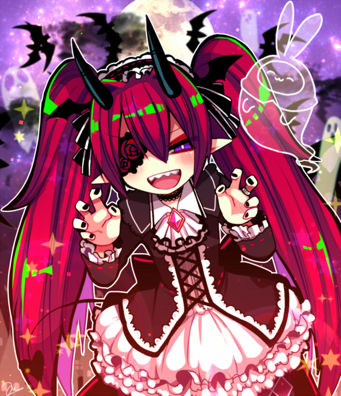 1girl, :3, :d, agi_(neckless), bat_(animal), black_dress, black_nails, black_ribbon