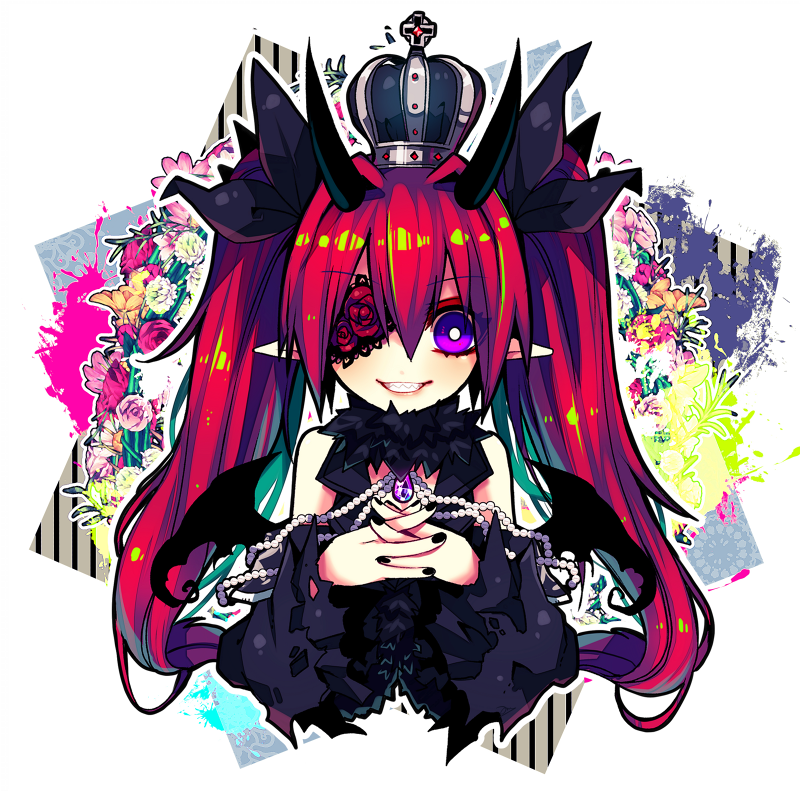 1girl, agi_(neckless), black_nails, black_ribbon, crown, demon_wings, detached_sleeves, eyepatch