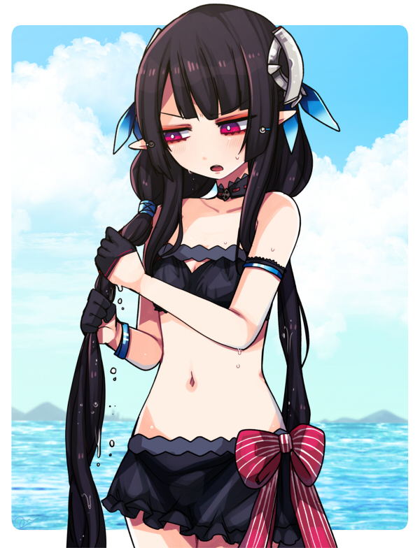 1girl, agi_(neckless), anette_(pso2), bikini, black_bikini, black_hair, cloud, day