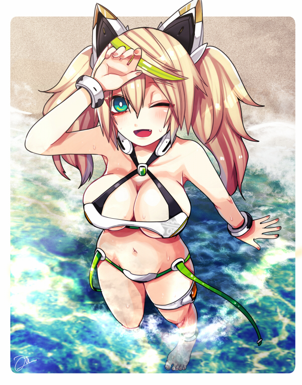 1girl, ;d, agi_(neckless), bangle, bikini, blonde_hair, blue_eyes, blush