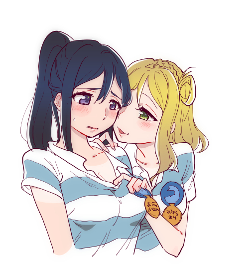 10s, 2girls, :3, black_hair, blonde_hair, blush, braid, breasts