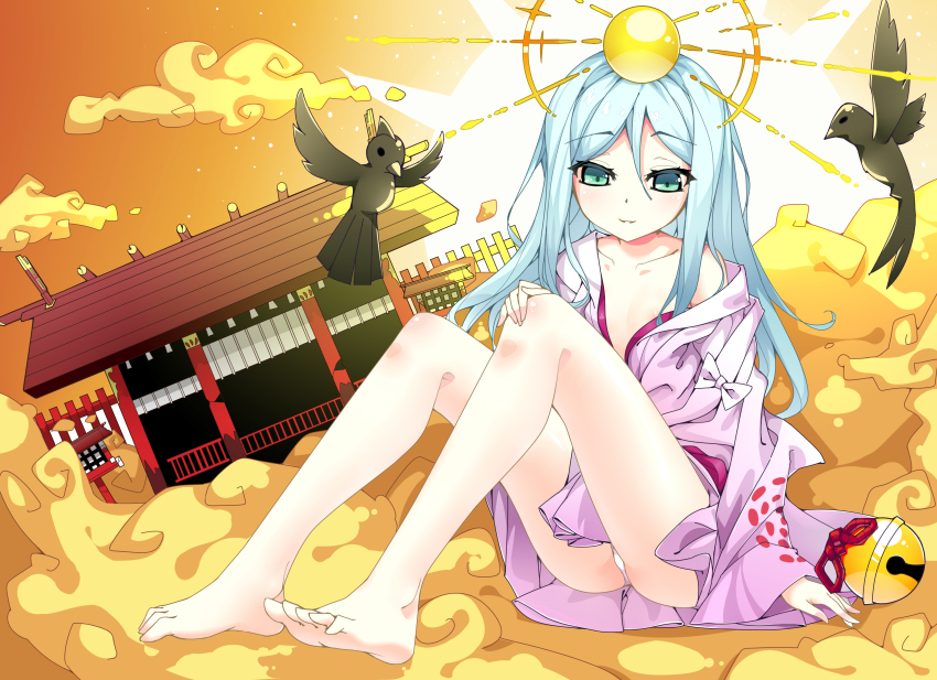1girl, absurdres, amaterasu_(p&amp;d), aqua_eyes, bad_id, bad_pixiv_id, bare_legs, bare_shoulders, barefoot, bird, blue_hair, cloud, feet, female_focus, hair_ornament, highres, japanese_clothes, kimono, long_hair, off_shoulder, ootsuki_momiji, puzzle_&amp;_dragons, smile, soles, solo