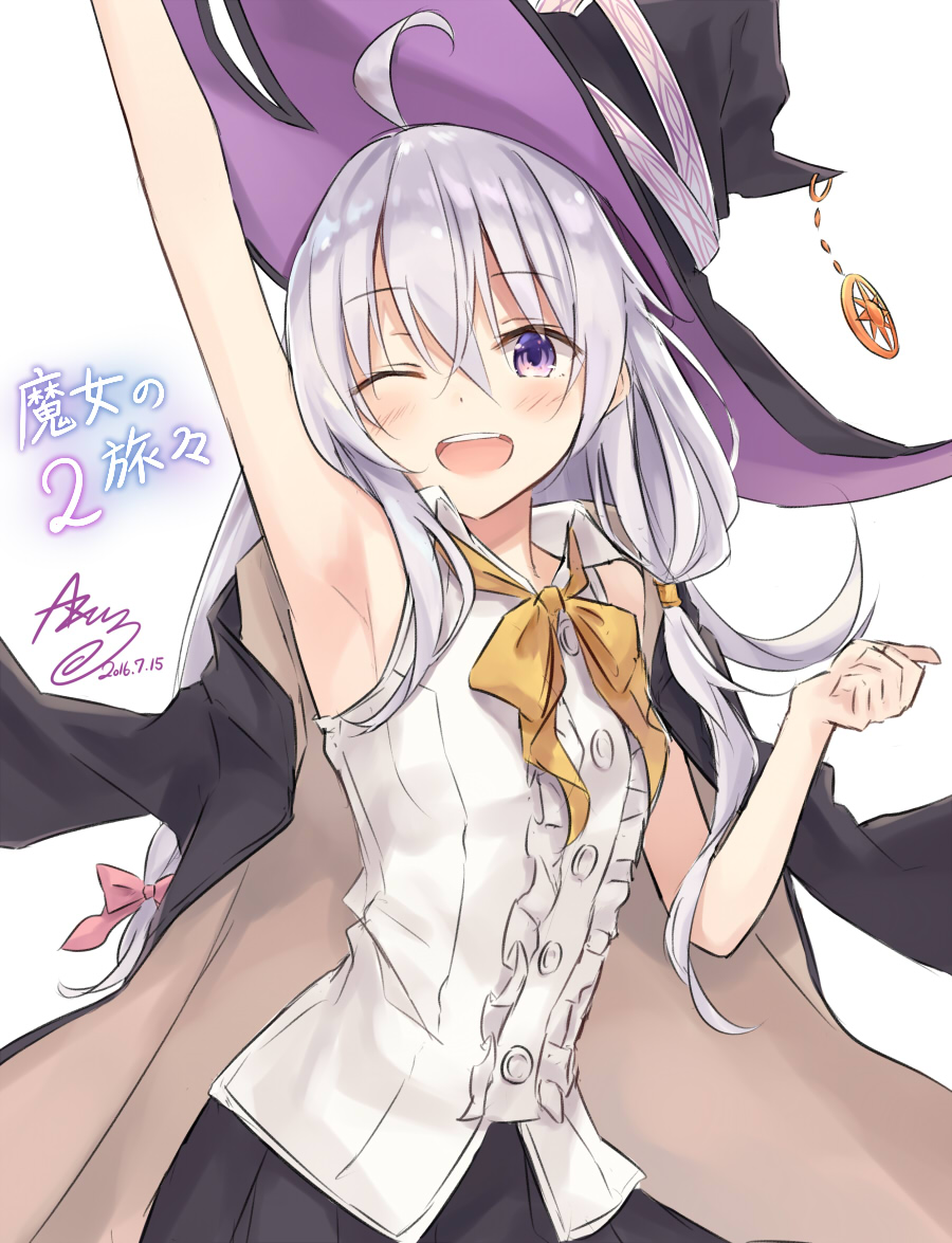 1girl, 2016, ahoge, arm_up, armpits, azuuru_(azure0608), black_hat, black_skirt