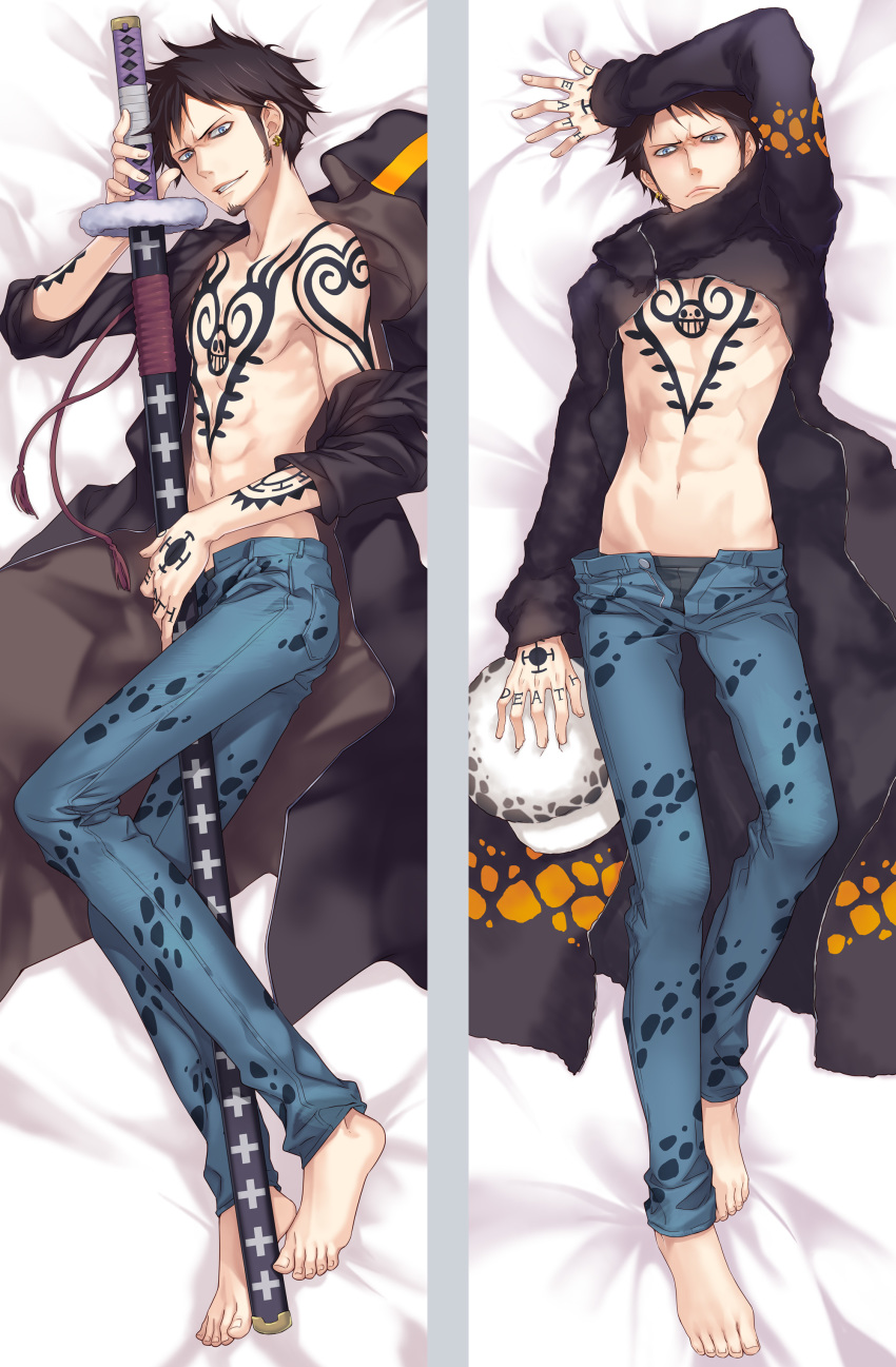 1boy, absurdres, bed, bed_sheet, black_hair, blue_eyes, dakimakura_(medium), earrings, facial_hair, highres, hood, jewelry, lying, male_focus, monkey_d._luffy, nagiayase, navel, on_back, on_bed, one_piece, short_hair, tattoo, toes, trafalgar_law