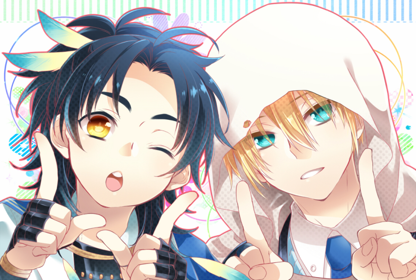 10s, 2boys, ;o, aqua_eyes, blonde_hair, blue_hair, feather_hair_ornament, feathers