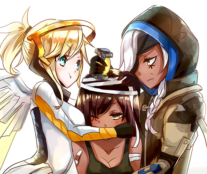 3girls, :t, ana_(overwatch), aqua_eyes, arm_wrap, armor, bandages, bandaid