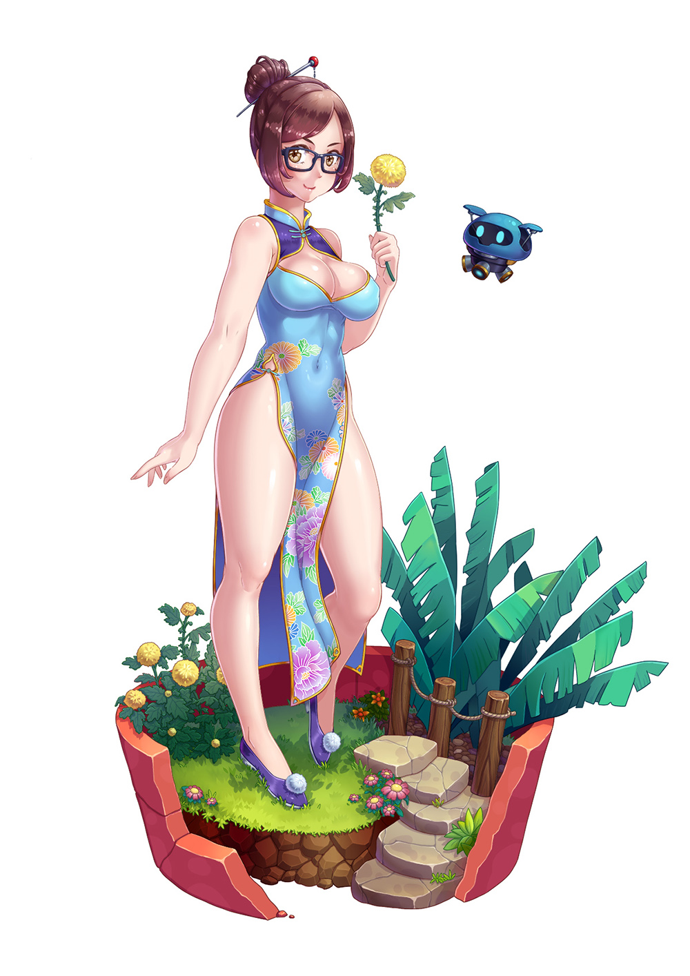1girl, bare_arms, bare_legs, black-framed_eyewear, blue_dress, breasts, brown_eyes, brown_hair, china_dress, chinese_clothes, cleavage, cleavage_cutout, closed_mouth, clothing_cutout, covered_navel, dress, drone, faux_figurine, female_focus, floating, floral_print, flower, full_body, garden, glasses, grass, groin, hair_bun, hair_ornament, hair_stick, highres, holding, holding_flower, large_breasts, lips, lipstick, looking_at_viewer, makeup, mei_(overwatch), no_socks, overwatch, overwatch_1, pelvic_curtain, pink_lips, plant, pom_pom_(clothes), prettyblue88, purple_shoes, robot, rope, shoes, short_hair, side_slit, sidelocks, simple_background, single_hair_bun, sleeveless, sleeveless_dress, slippers, snowball_(overwatch), solo, stairs, standing, stone_stairs, swept_bangs, white_background