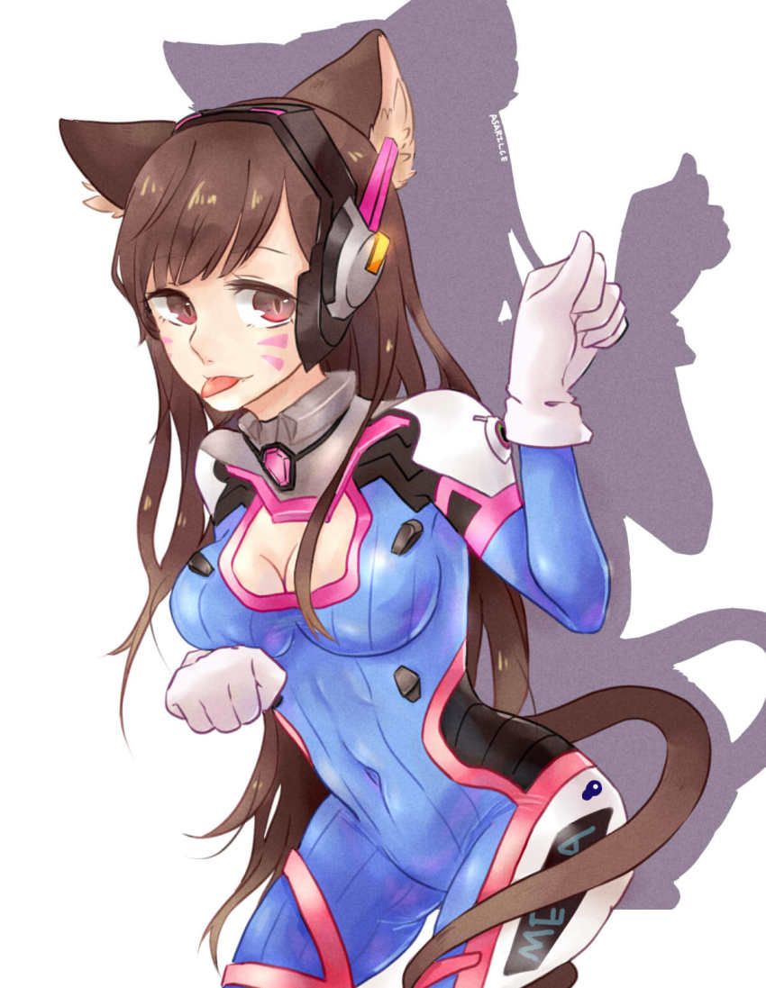 1girl, animal_ears, armor, artist_name, asarilce, bodysuit, breasts, brown_eyes, brown_hair, cat_ears, cat_tail, classic_d.va, cleavage, cleavage_cutout, clothing_cutout, covered_navel, cowboy_shot, d.va_(overwatch), eyebrows, facepaint, facial_mark, female_focus, gloves, groin, hands_up, headphones, high_collar, highres, kemonomimi_mode, large_breasts, long_hair, looking_at_viewer, mecha_pilot_suit, overwatch, overwatch_1, pauldrons, paw_pose, ribbed_bodysuit, shadow, shoulder_armor, shoulder_pads, simple_background, solo, tail, thigh_strap, tongue, tongue_out, turtleneck, whisker_markings, white_background, white_gloves