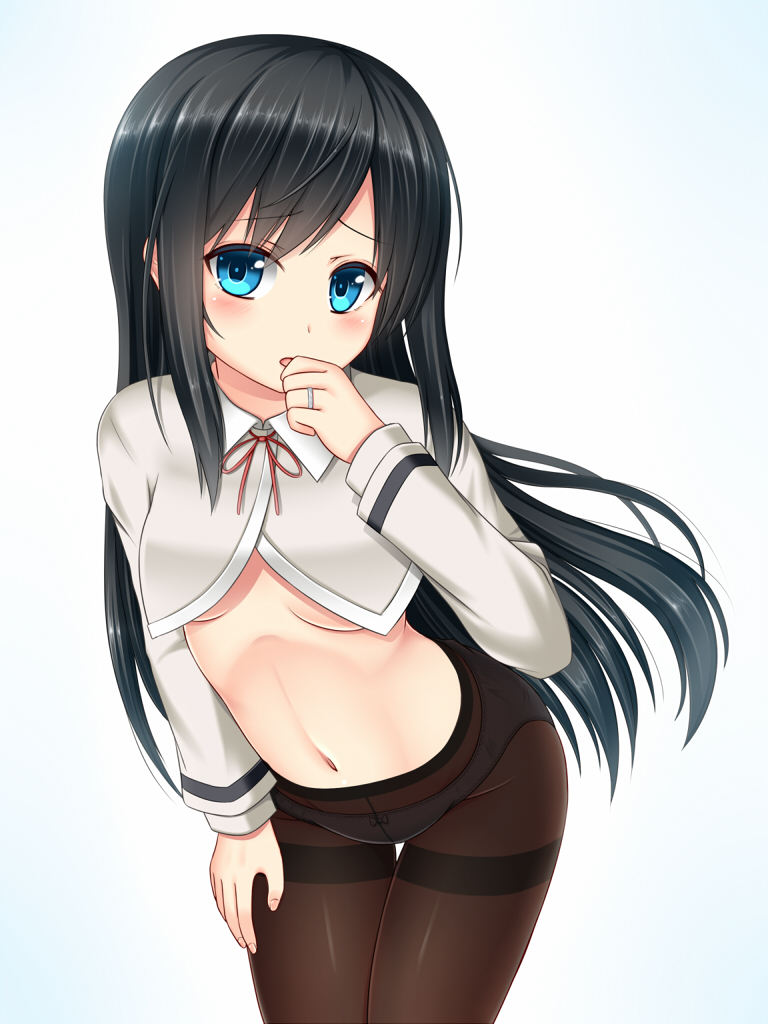 10s, 1girl, asashio_(kancolle), black_hair, black_pantyhose, blue_eyes, blush, bow
