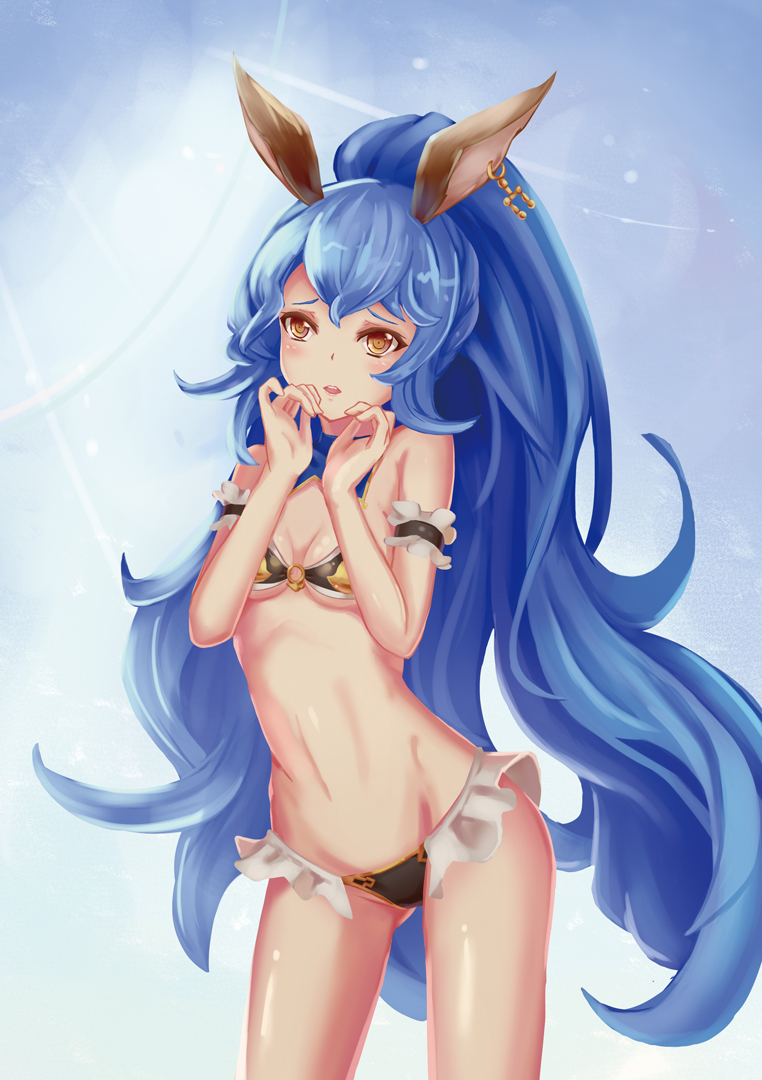 10s, 1girl, animal_ears, arm_strap, bell_(angelicalary), bikini, blue_bikini, blue_hair