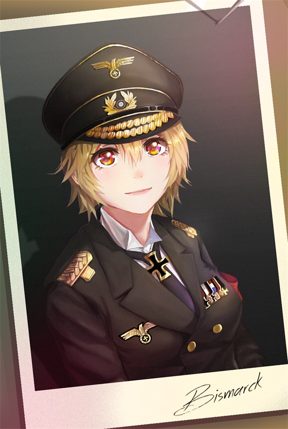 1girl, armband, bismarck_(warship_girls_r), black_necktie, blonde_hair, brown_eyes, buttons, character_name, cross, detached_sleeves, double-breasted, female_focus, hat, iron_cross, light_smile, looking_at_viewer, medal, meijin93, nazi, necktie, photo_(object), short_hair, solo, uniform, upper_body, warship_girls_r