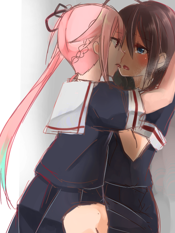 10s, 2girls, after_kiss, ahoge, aqua_hair, beret, black_serafuku, black_skirt