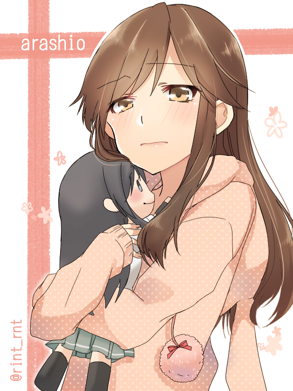 10s, 1girl, alternate_costume, animal_hood, arashio_(kancolle), asashio_(kancolle), black_hair, black_legwear