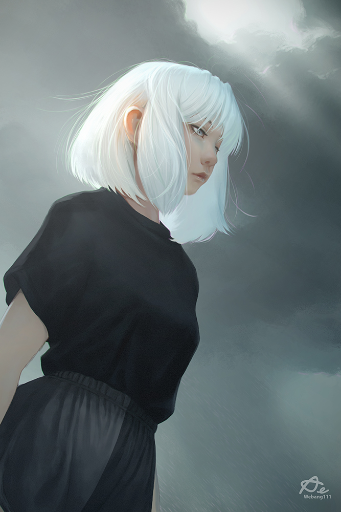 1girl, akekarat_sumatchaya, arms_at_sides, artist_name, black_shirt, black_shorts, breasts, closed_mouth