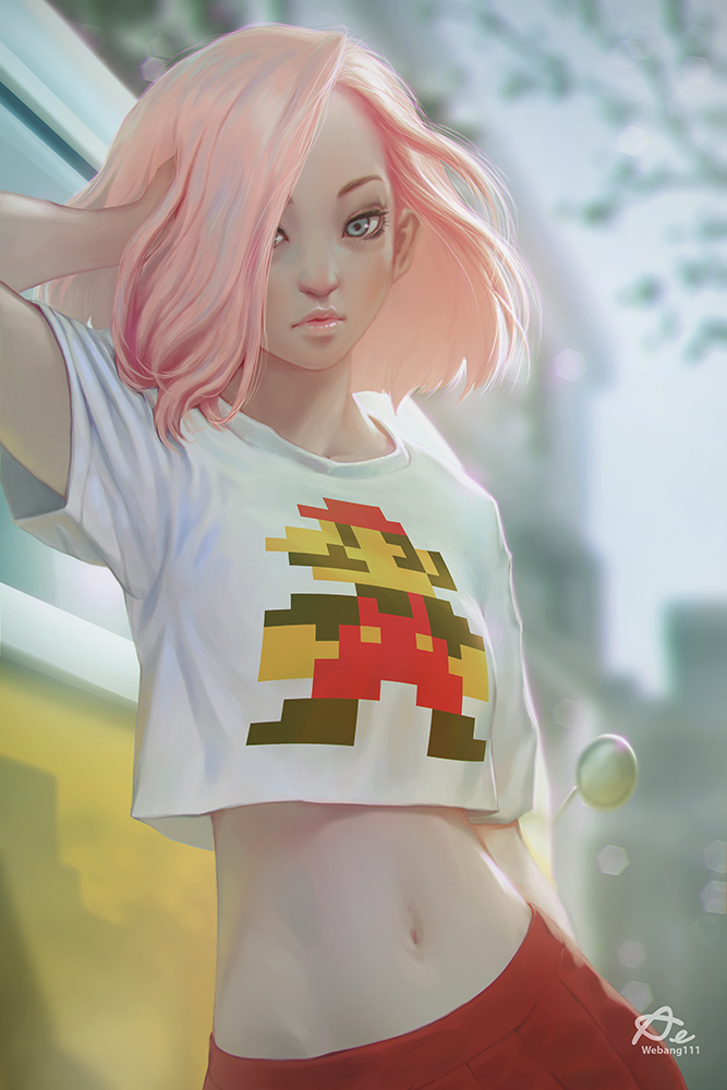 1girl, akekarat_sumatchaya, arm_at_side, arm_up, blue_eyes, blurry, blurry_background, bokeh, car, crop_top, day, depth_of_field, female_focus, hand_in_own_hair, hand_on_own_head, hexagon, lips, looking_at_viewer, mario, mario_(series), midriff, motor_vehicle, navel, nintendo, original, outdoors, parted_bangs, pink_hair, pleated_skirt, realistic, red_skirt, shirt, skirt, solo, standing, stomach, super_mario_bros._1, t-shirt, tree, upper_body, webang111, white_shirt