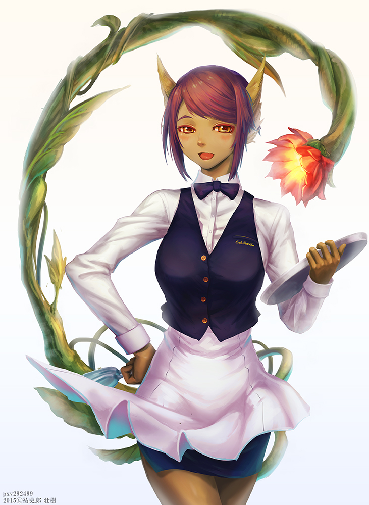 1girl, animal_ears, apron, brown_theme, cowboy_shot, dark-skinned_female, dark_skin, female_focus