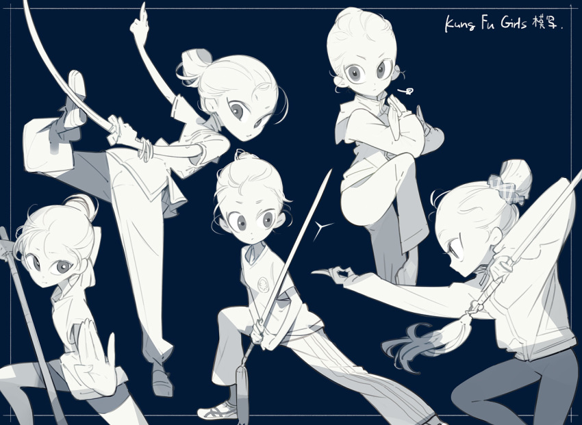 5girls, amiami, bike_shorts, blue_background, female_focus, fighting_stance, jian_(weapon), kung_fu, monochrome, multiple_girls, original, partially_colored, sword, tai_chi, weapon