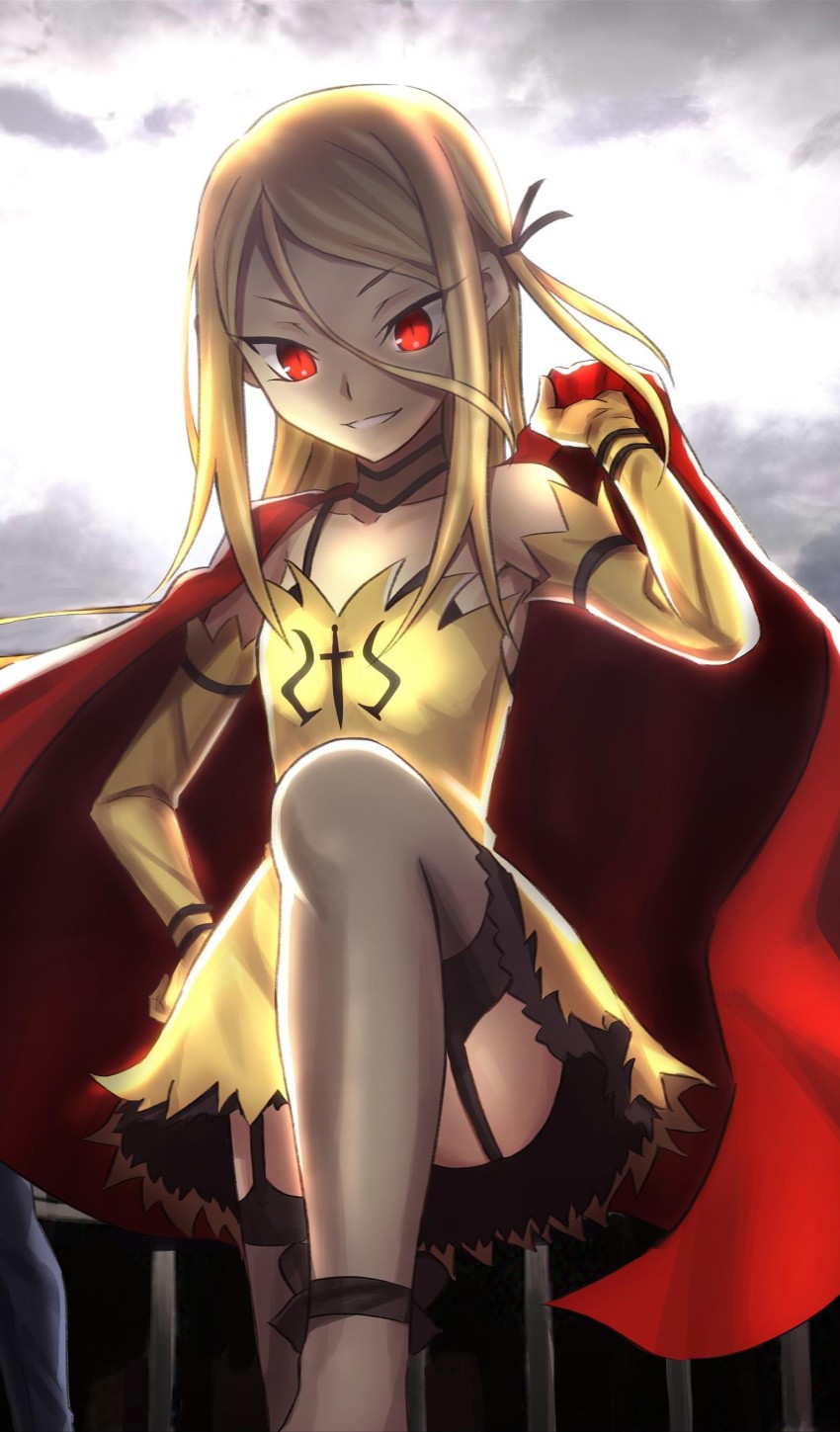 1girl, absurdres, aora, blonde_hair, cape, child, choker, dress, elbow_gloves, fate_(series), genderswap, genderswap_(mtf), gila_gilgamesh, gilgamesh-ko, gilgamesh_(fate), gloves, highres, long_hair, red_eyes, thigh_gap, thighhighs