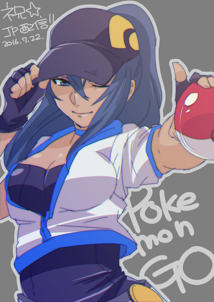 10s, 1girl, 2016, baseball_cap, blue_eyes, blue_hair, breasts, cleavage, copyright_name, dark-skinned_female, dark_skin, dated, female_focus, female_protagonist_(pokemon_go), fingerless_gloves, gloves, grey_background, hat, large_breasts, long_hair, matching_hair/eyes, nintendo, one_eye_closed, poke_ball, pokemon, pokemon_go, ponytail, r-ko_(rayla), simple_background, solo, star_(symbol)