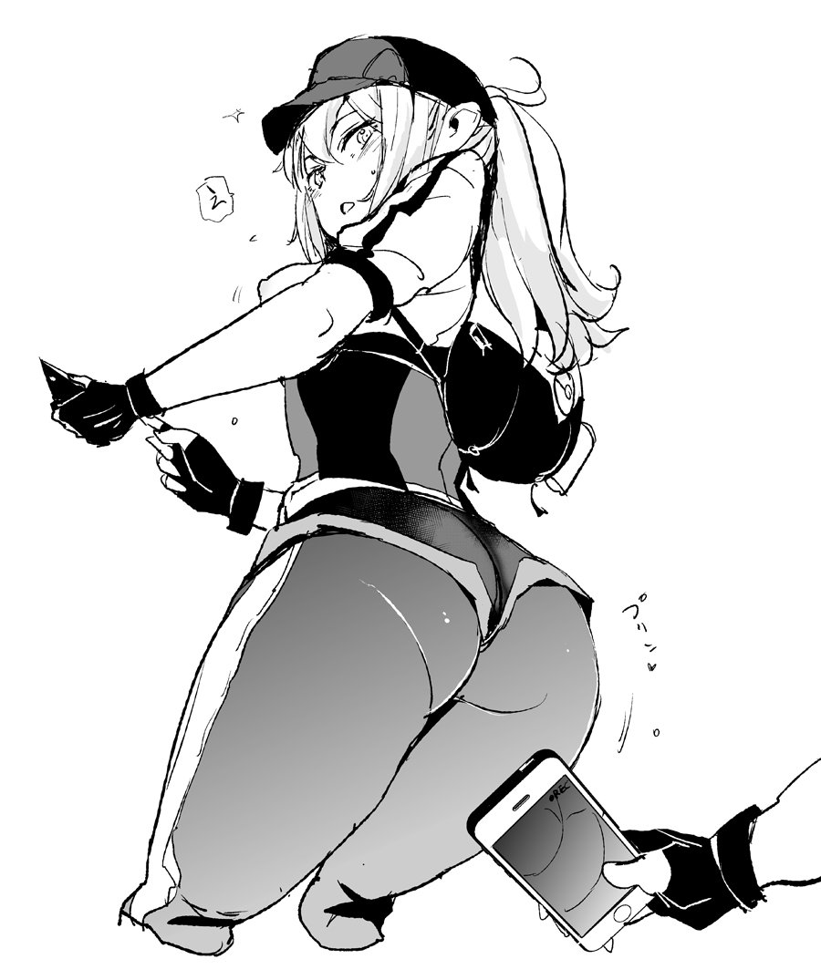 10s, 1boy, 1girl, ass, ass_focus, baseball_cap, blush, breasts, camera_phone, cellphone, cropped_legs, curvy, dokuro-san, female_protagonist_(pokemon_go), fingerless_gloves, from_behind, from_below, gloves, greyscale, hat, hetero, holding, holding_phone, huge_ass, iphone, leggings, long_hair, looking_at_another, looking_back, medium_breasts, monochrome, nintendo, open_mouth, pantyhose, phone, poke_ball_symbol, pokemon, pokemon_go, ponytail, shiny_clothes, short_shorts, shorts, skindentation, smartphone, solo_focus, sound_effects, sound_effects_only, sweat, translation_request, visor_cap, white_background