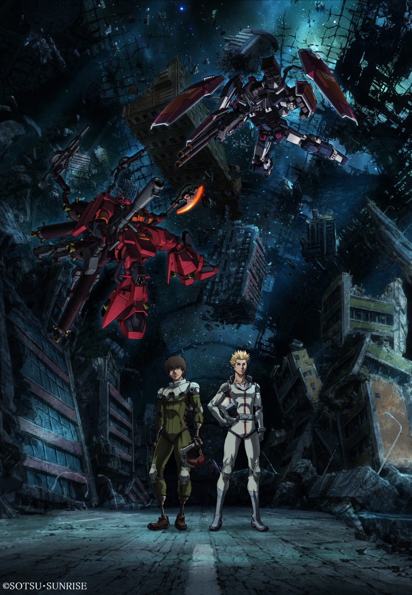 10s, 2boys, black_hair, blonde_hair, daryl_lorenz, full_armor_gundam, gundam, gundam_thunderbolt, unworn_headwear, helmet, unworn_helmet, highres, io_fleming, mecha, multiple_boys, official_art, pilot_suit, prosthesis, prosthetic_arm, prosthetic_leg, robot, ruins, sky, space, spiked_hair, star_(sky), starry_sky, weapon, zaku_ii_(reuse_p_device)