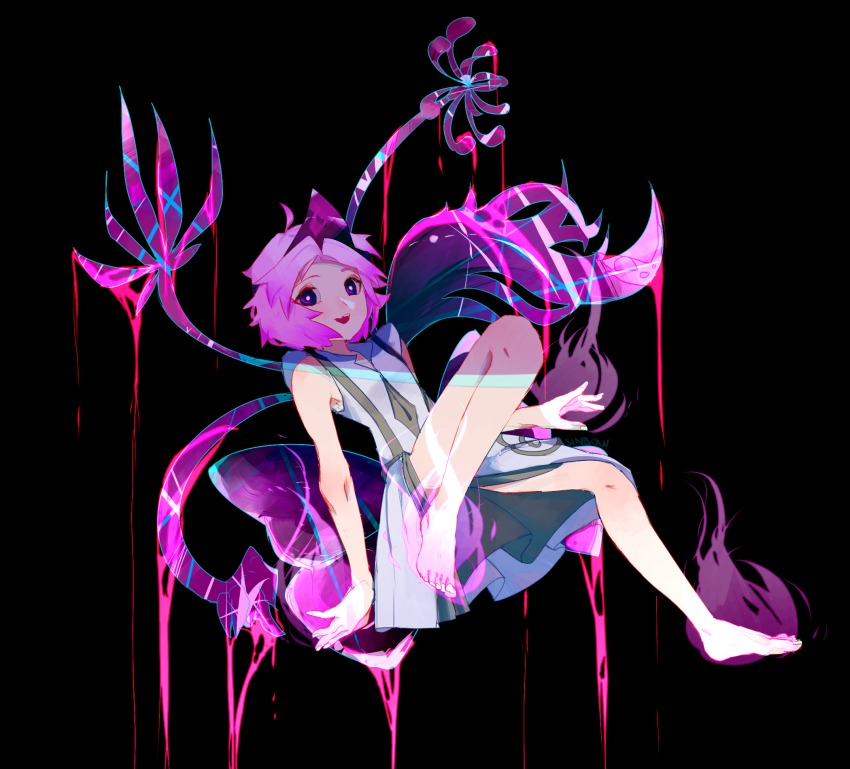 androgynous, bare_shoulders, barefoot, bow, daisy_(flower), flower, gender_request, ghostly_eyes