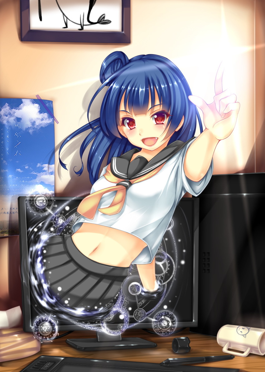 10s, 1girl, blue_hair, blush, fang, female_focus, hair_bun, highres