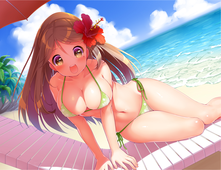 10s, 1girl, :d, alternate_costume, amagi_(kancolle), bare_legs, barefoot, beach