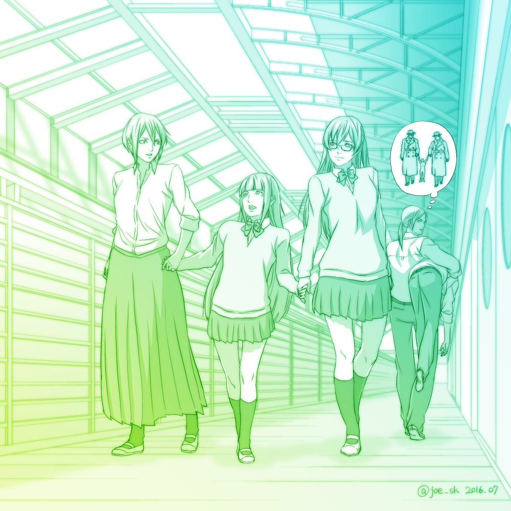 10s, 2boys, 3girls, captured_alien_(meme), carrying, carrying_under_arm, dated, echizen_(tanakeda)