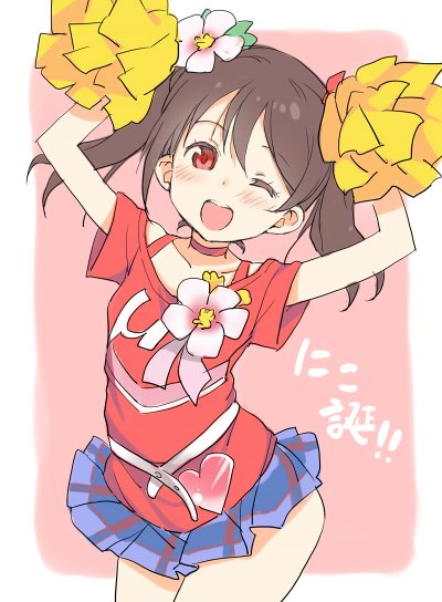 10s, 1girl, ;d, black_hair, blush, cheerleader, choker, duke_(inu_daimyou)