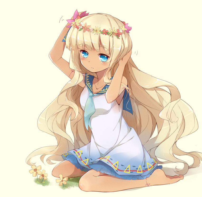 1girl, aged_down, arms_up, bare_arms, bare_legs, barefoot, blonde_hair, blue_eyes