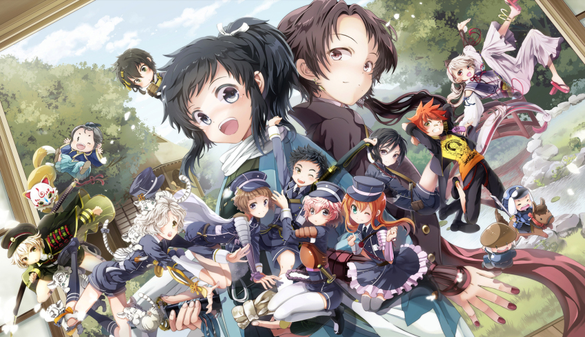 10s, 6+boys, :d, ;d, aizen_kunitoshi, akita_toushirou, armor, atsushi_toushirou, black_hair, black_socks, blonde_hair, blue_eyes, brown_hair, dress, dutch_angle, fox, geta, gokotai, gokotai's_tigers, green_eyes, grin, hair_over_one_eye, hat, horse, hotarumaru, ima-no-tsurugi, japanese_armor, japanese_clothes, kashuu_kiyomitsu, kneehighs, konnosuke, maeda_toushirou, male_focus, midare_toushirou, mikazuki_munechika, military, military_uniform, minami_mofuko, mini_person, miniboy, mole, mole_under_eye, mole_under_mouth, multiple_boys, necktie, one_eye_closed, open_mouth, pink_hair, ponytail, red_eyes, red_hair, shorts, shoulder_armor, smile, socks, sode, swordsmith_(touken_ranbu), tengu-geta, thighhighs, tiger, tokin_hat, touken_ranbu, tousou_(touken_ranbu), trap, white_hair, white_legwear, white_tiger, yagen_toushirou, yamato-no-kami_yasusada, yellow_eyes