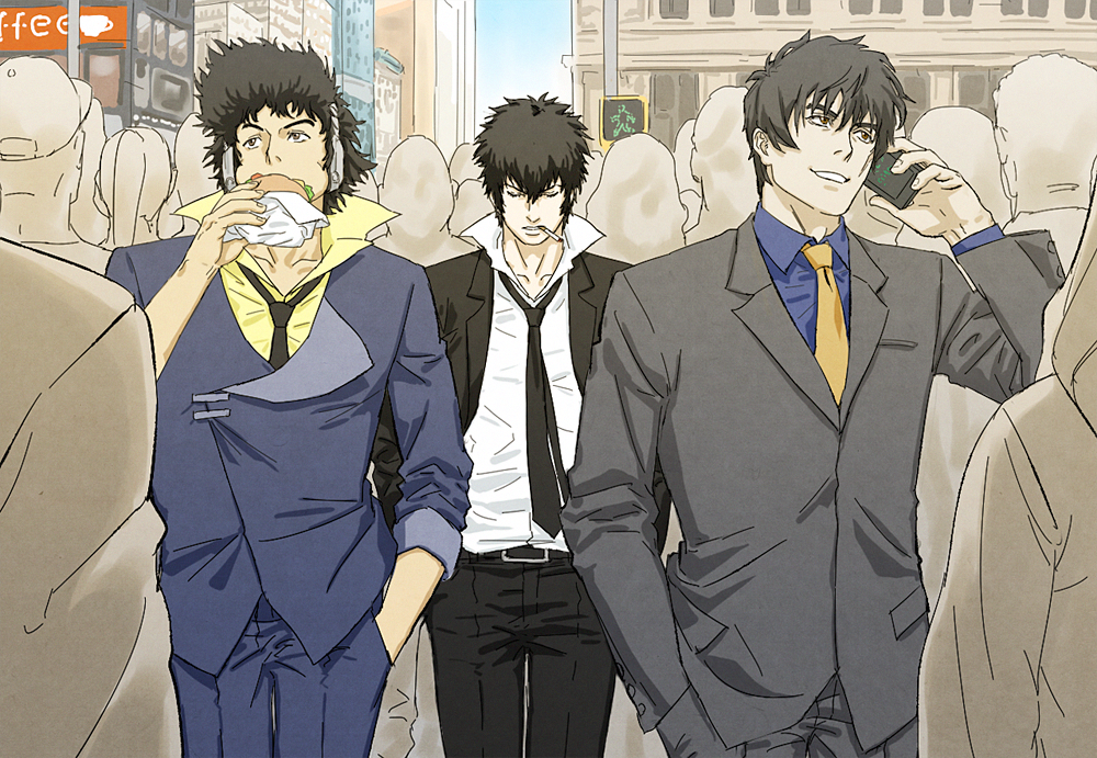 10s, 1990s_(style), 3boys, belt, black_hair, black_necktie, burger, cellphone, cigarette, closed_eyes, cowboy_bebop, crossover, crosswalk, crowd, eating, faceless, faceless_male, food, formal_clothes, hands_in_pockets, kekkai_sensen, kinchi, kougami_shin'ya, male_focus, multiple_boys, necktie, outdoors, phone, psycho-pass, red_eyes, retro_artstyle, smoking, spike_spiegel, standing, steven_a._starphase, suit, walking, yellow_necktie