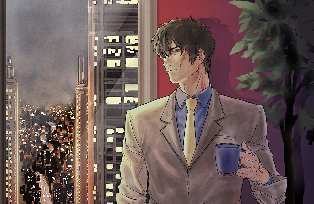 1boy, black_hair, city_lights, cup, formal_clothes, indoors, kekkai_sensen, kinchi, looking_to_the_side, male_focus, manly, mug, necktie, plant, red_eyes, scar, shadow, solo, steven_a._starphase, suit, yellow_necktie