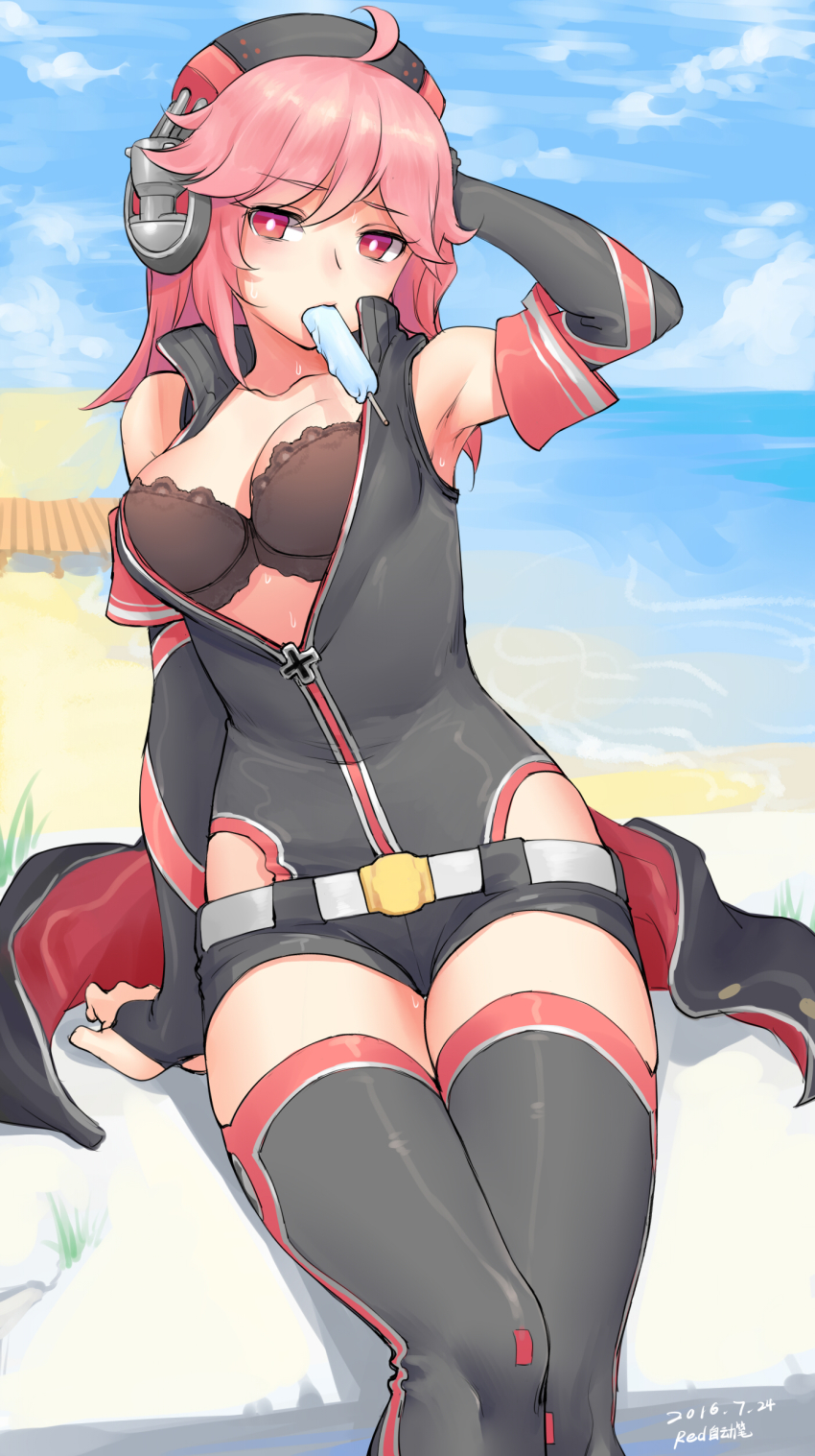 1girl, absurdres, arm_support, armpits, bare_shoulders, beach, belt, black_bra