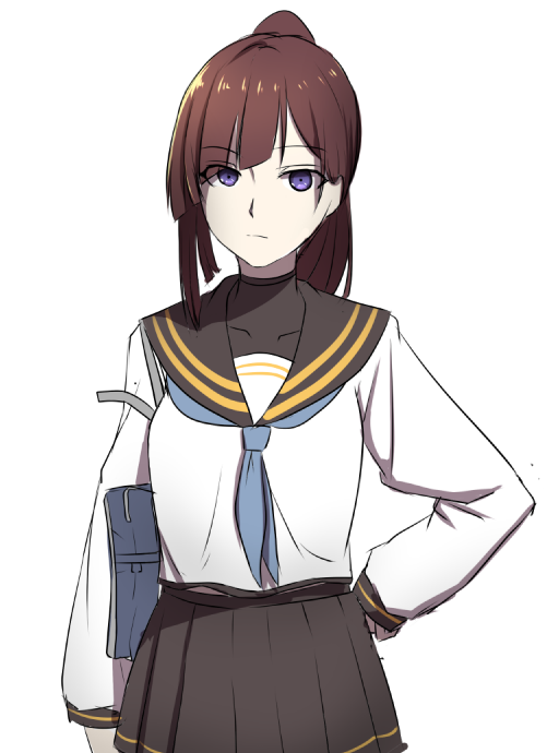 1girl, alternate_costume, asymmetrical_bangs, bag, brown_hair, female_focus, hand_on_own_hip, long_hair