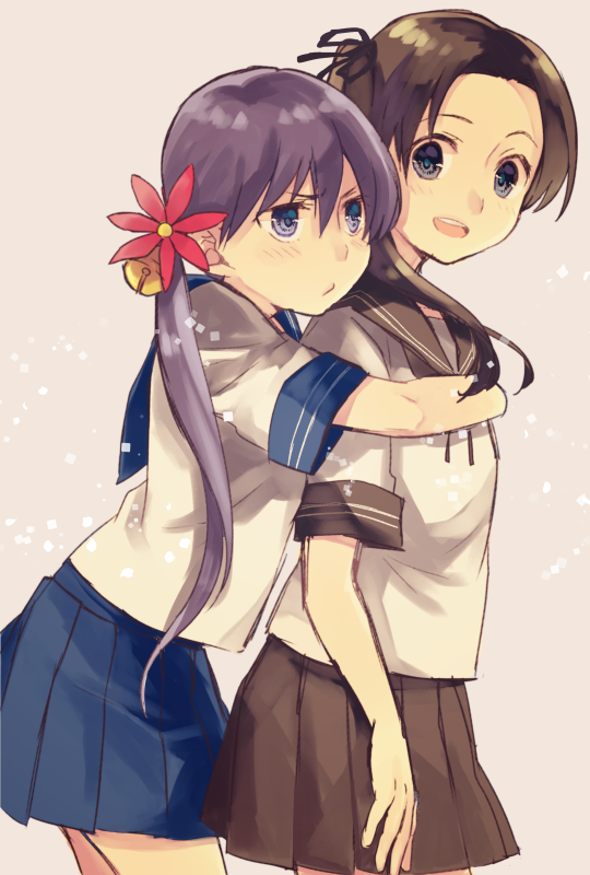 10s, 2girls, 8ne_(nitika127), akebono_(kancolle), ayanami_(kancolle), bell, blue_skirt, blush