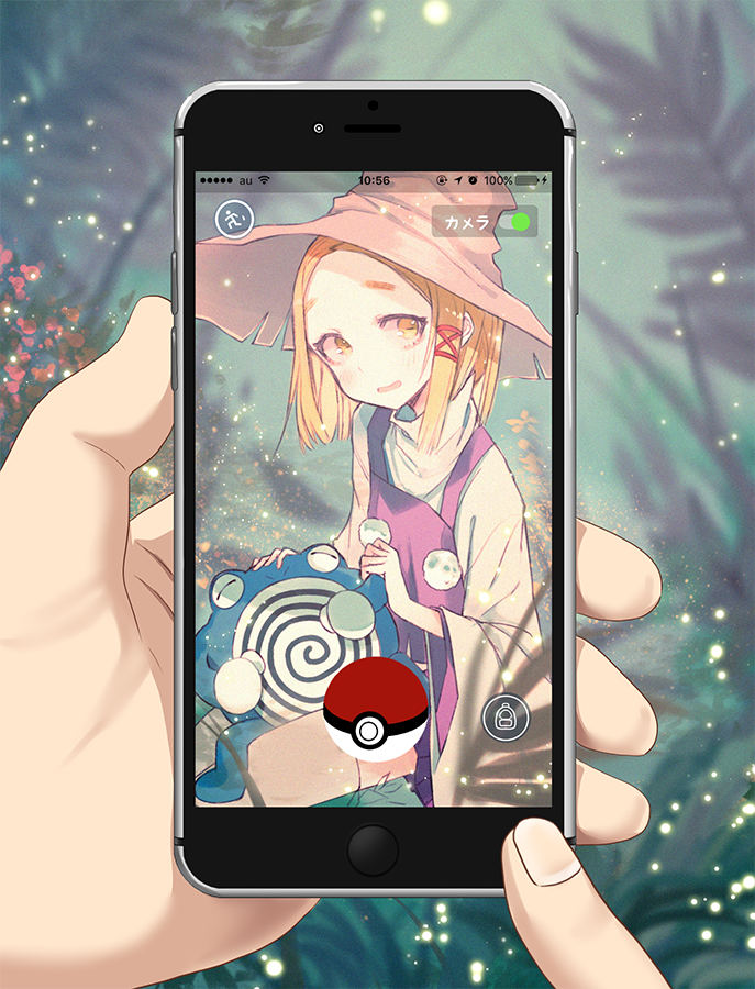 10s, 1girl, blonde_hair, capturing_non-pokemon, cellphone, crossover, different_viewfinder, dress