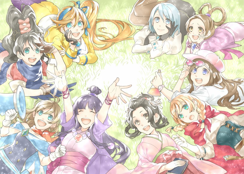 6+girls, :d, ace_attorney, ace_attorney_investigations, arms_up, athena_cykes, black_gloves, black_hair, black_legwear, black_skirt, blonde_hair, blue_bow, blue_eyes, blue_hair, blue_hat, blue_scarf, bow, braid, brooch, brown_eyes, brown_gloves, brown_hair, brown_legwear, cape, circle_formation, closed_eyes, ema_skye, espella_cantabella, everyone, flask, franziska_von_karma, glasses, gloves, green_eyes, hair_bow, hair_bun, hair_ornament, hairband, hat, head_rest, highres, japanese_clothes, jewelry, kay_faraday, kimono, kurose_(cha_no_yu), long_hair, looking_at_viewer, magatama, maya_fey, multiple_girls, open_mouth, orange_hair, pantyhose, partially_fingerless_gloves, pearl_fey, pink_hat, professor_layton_vs._phoenix_wright:_ace_attorney, scarf, short_hair, side_ponytail, single_hair_bun, skirt, smile, sphere_hair_ornament, sunglasses, susato_mikotoba, the_great_ace_attorney, the_great_ace_attorney:_adventures, top_hat, trucy_wright, twin_braids, unworn_hat, unworn_headwear, watch, wristwatch, yellow_skirt