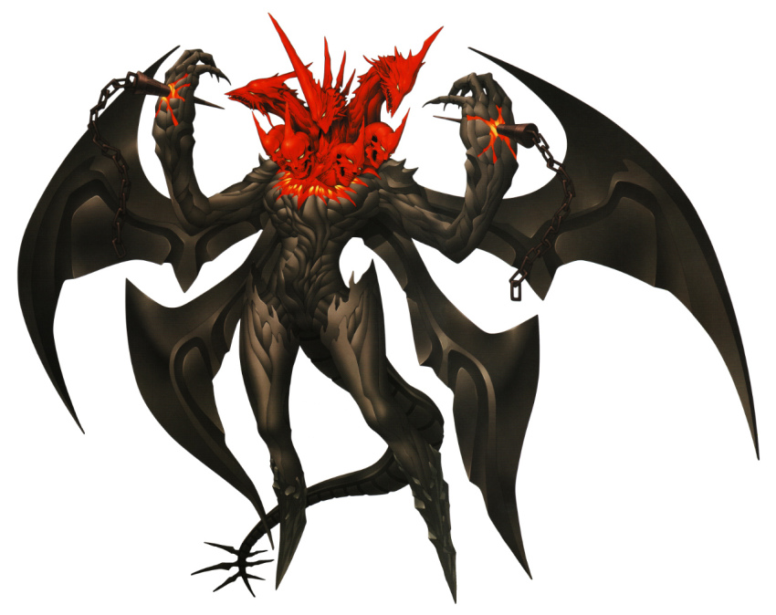 1boy, chain, claws, demon, demon_(megami_tensei), doi_masayuki, hands_up, horns, male_focus, multiple_heads, multiple_wings, no_feet, official_art, satan_(megami_tensei), satan_(mythology), shin_megami_tensei, shin_megami_tensei_iv, shin_megami_tensei_iv_final, shoulder_spikes, skull, spikes, tail, wings