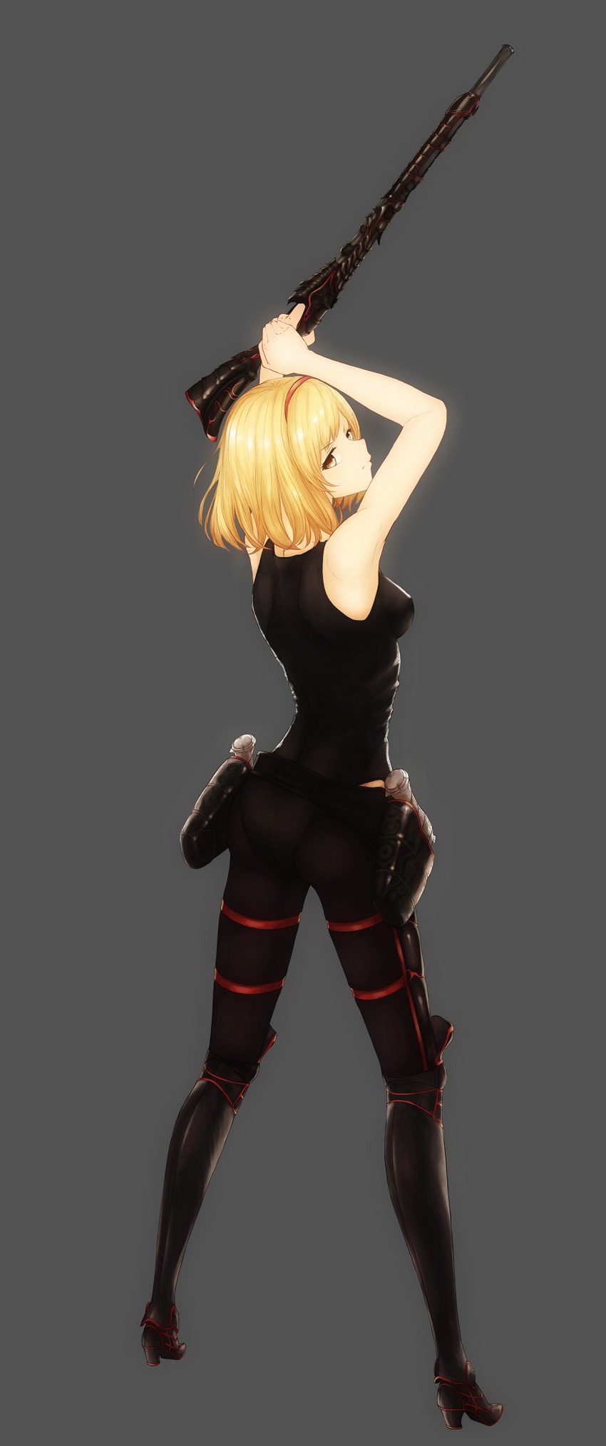 10s, 1girl, absurdres, ass, bare_shoulders, belt, blonde_hair, bodysuit