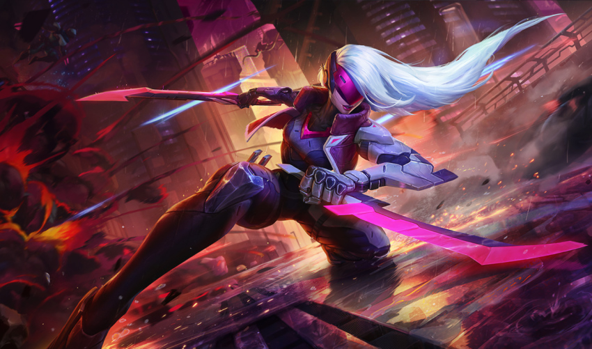 1girl, cyborg, dual_wielding, explosion, female_focus, holding, jacket, katarina_(league_of_legends), kneeling, knife, league_of_legends, lipstick, long_hair, makeup, mechanical_arms, official_art, on_one_knee, project:_katarina, short_sword, silver_hair, single_mechanical_arm, solo, sword, visor_(armor), weapon