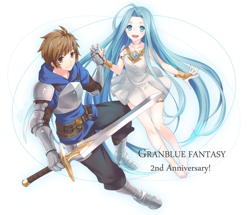 10s, 1boy, 1girl, anniversary, armor, barefoot, blue_eyes, blue_hair