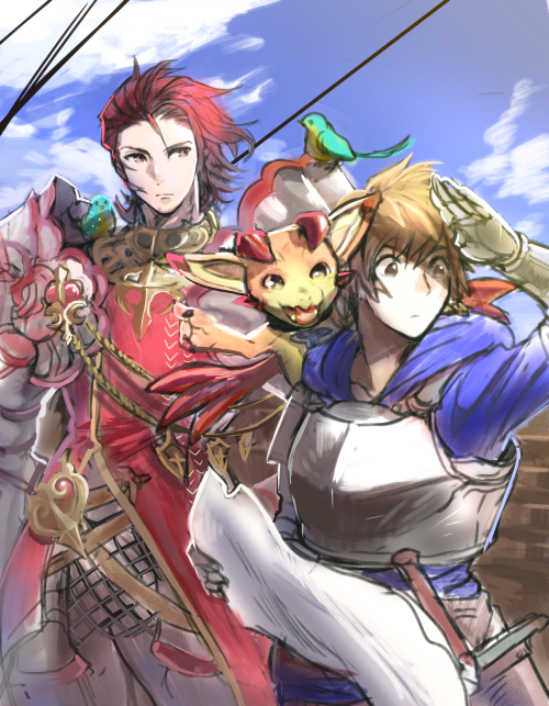 10s, 2boys, armor, bird, brown_eyes, brown_hair, cloud, day