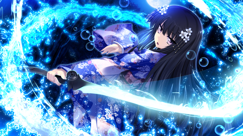 1girl, black_hair, female_focus, game_cg, hair_ornament, headdress, japanese_clothes, jewelry
