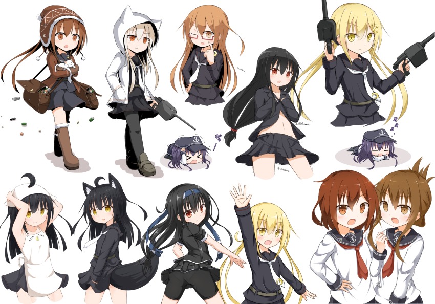 >_<, 10s, 6+girls, :3, =_=, ahoge, akatsuki_(kancolle), anchor_symbol